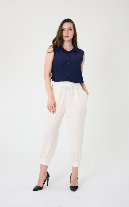 Bilek Lastikli Beyaz Müslin Pantolon - nicci