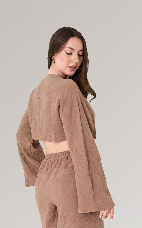 Bisiklet Yaka Uzun Kollu Müslin Crop Bluz - 4