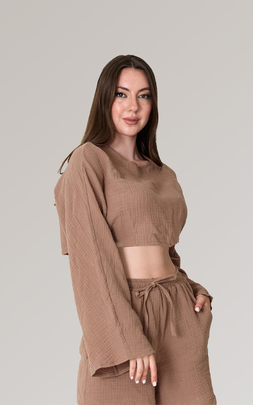 Bisiklet Yaka Uzun Kollu Müslin Crop Bluz - 3