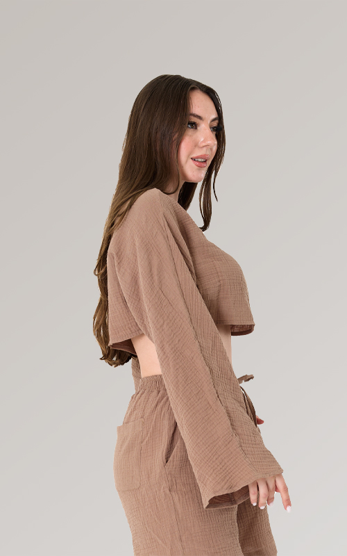 Bisiklet Yaka Uzun Kollu Müslin Crop Bluz - 2