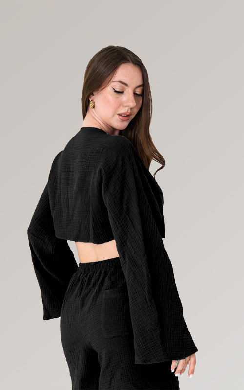Bisiklet Yaka Uzun Kollu Müslin Crop Bluz - 7