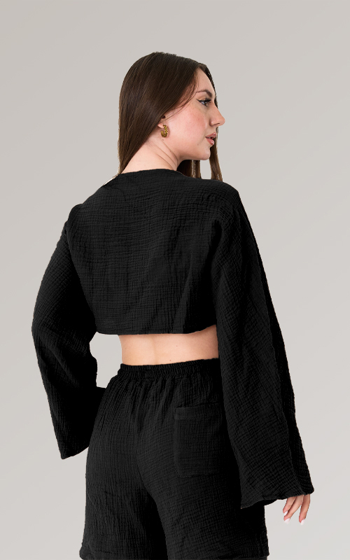 Bisiklet Yaka Uzun Kollu Müslin Crop Bluz - 10
