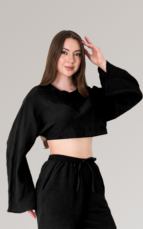 Bisiklet Yaka Uzun Kollu Müslin Crop Bluz - 8