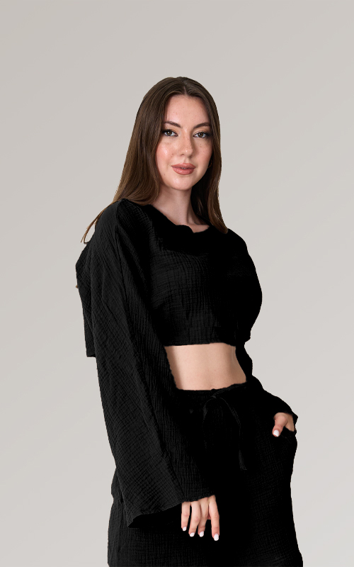 Bisiklet Yaka Uzun Kollu Müslin Crop Bluz - 6