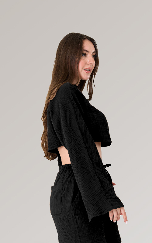 Bisiklet Yaka Uzun Kollu Müslin Crop Bluz - 9