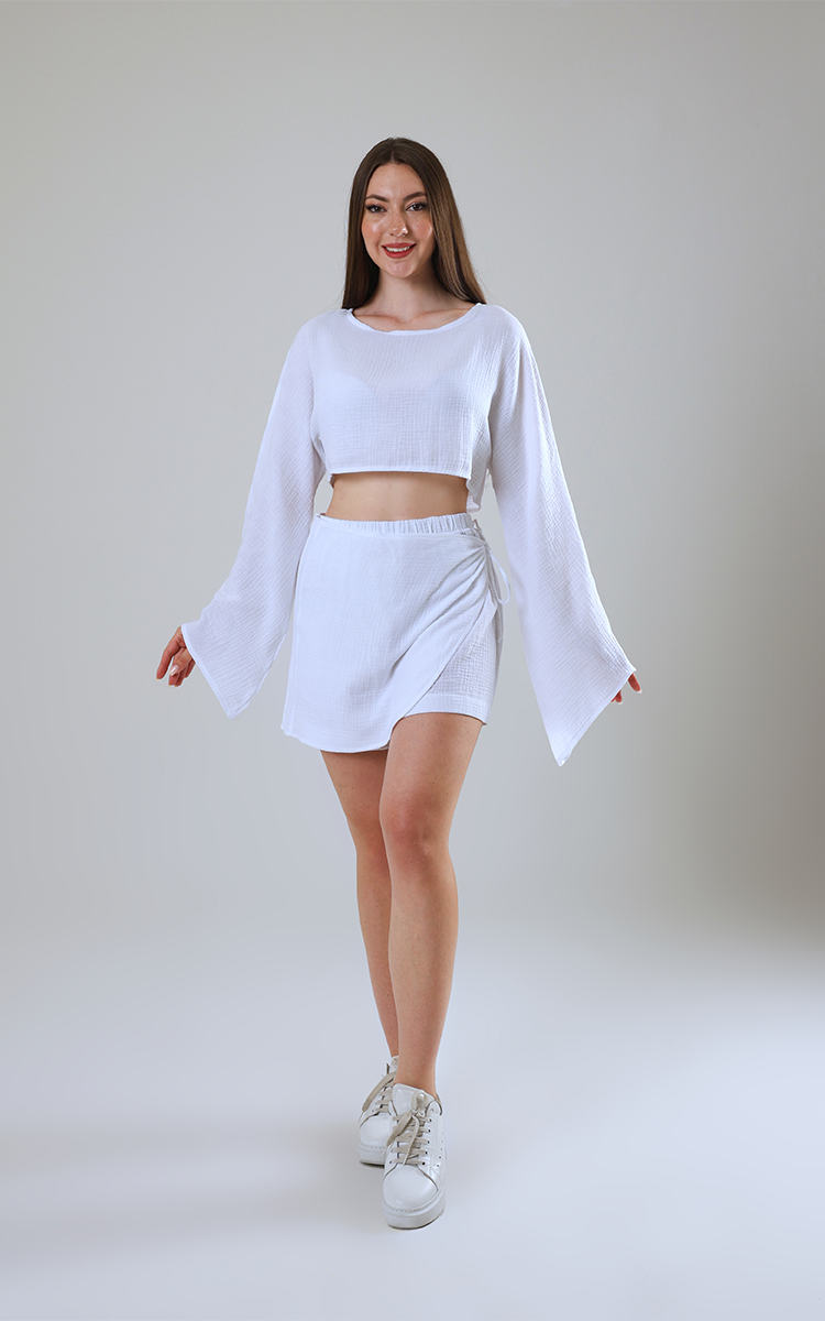 Bisiklet Yaka Uzun Kollu Müslin Crop Bluz - 13