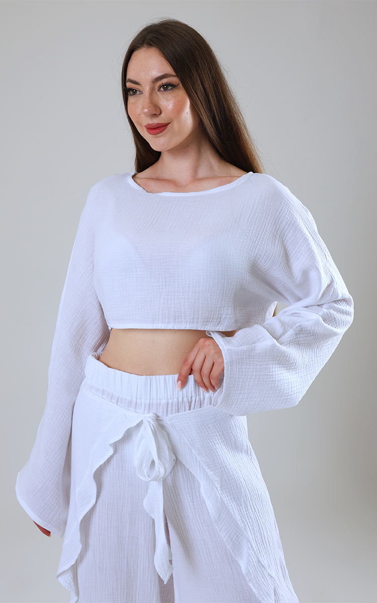 Bisiklet Yaka Uzun Kollu Müslin Crop Bluz - 12