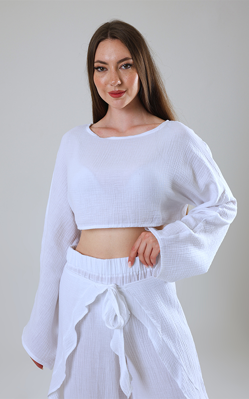 Bisiklet Yaka Uzun Kollu Müslin Crop Bluz - 14