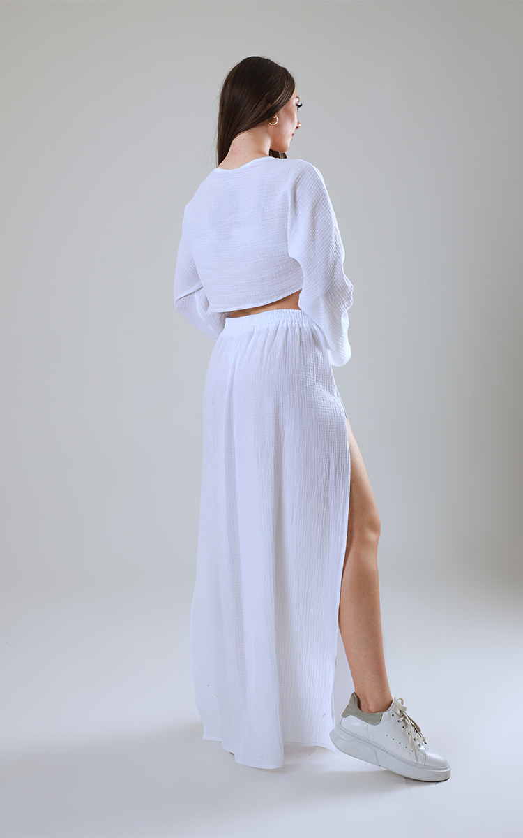 Bisiklet Yaka Uzun Kollu Müslin Crop Bluz - 18