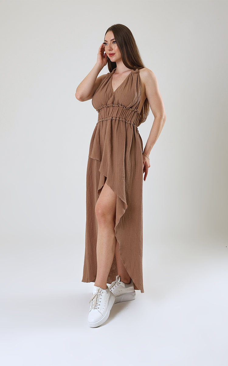 Boyundan Bağlamalı Müslin Yırtmaçlı Maxi Elbise - 4