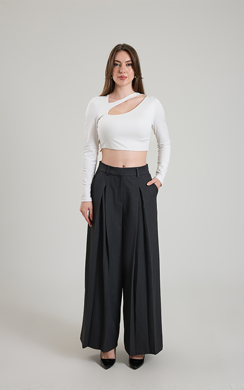  Ön Pile Detaylı Yüksek Bel Gabardin Pantolon - nicci