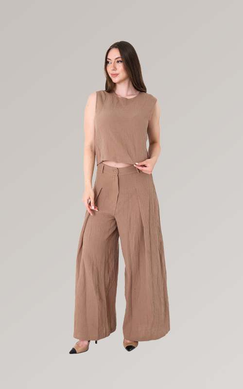 Yüksek Bel Bol Paça Müslin Pantolon - 4
