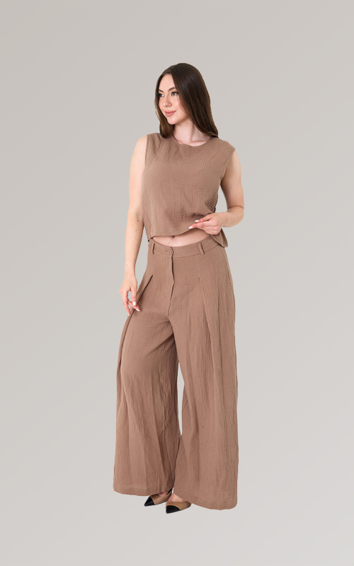 Yüksek Bel Bol Paça Müslin Pantolon - 2
