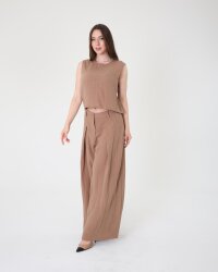 Yüksek Bel Bol Paça Müslin Pantolon - 3