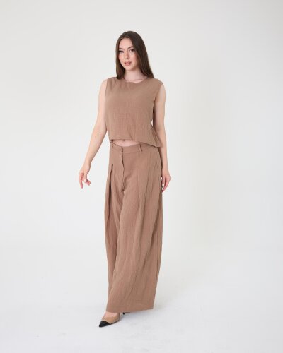 Yüksek Bel Bol Paça Müslin Pantolon - 3