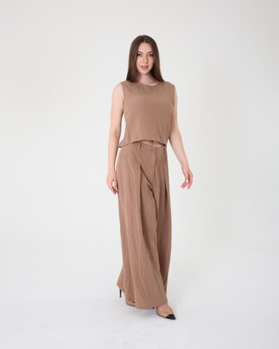 Yüksek Bel Bol Paça Müslin Pantolon - 4