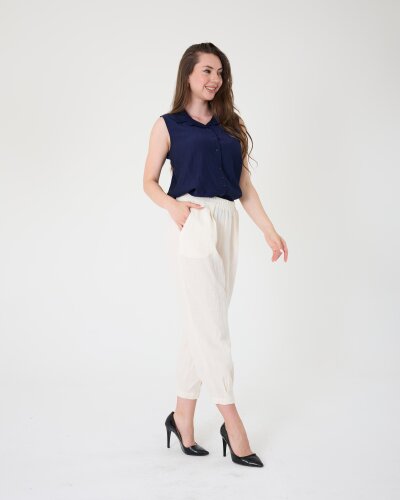 Yüksek Bel Lastikli Müslin Pantolon - 5